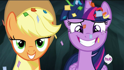 Size: 1920x1080 | Tagged: safe, screencap, applejack, twilight sparkle, alicorn, pony, g4, trade ya!, adorkable, confetti, cute, dork, female, grin, hub logo, lidded eyes, looking at you, mare, nervous, smiling, twiabetes, twilight sparkle (alicorn), wide eyes