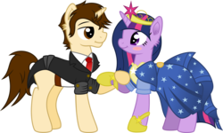 Size: 12478x7500 | Tagged: safe, artist:lailyren, artist:mactavish1996, twilight sparkle, g4, absurd resolution, blushing, clothes, crossover, crossover shipping, dress, eye contact, female, fluffy, gala dress, holding hooves, male, marvel, marvel comics, necktie, peter parker, ponified, shipping, simple background, smiling, spider-man, spiders and magic: rise of spider-mane, spidertwi, straight, suit, transparent background, vector