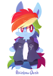 Size: 600x850 | Tagged: safe, artist:php56, rainbow dash, pegasus, pony, g4, bipedal, chibi, clothes, cute, female, impossibly large ears, jacket, mare, simple background, solo, white background