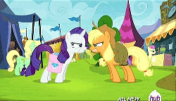 Size: 500x288 | Tagged: safe, screencap, apple honey, apple tarty, applejack, bon bon, lilac notes, peach melba, posey petals, rarity, sweetie drops, earth pony, pony, unicorn, g4, trade ya!, animated, apple family member, applejack's hat, bag, cowboy hat, female, flag, freckles, gritted teeth, hat, hub logo, hubble, looking up, mare, outdoors, saddle bag, smiling, stare, tail, teeth, the hub