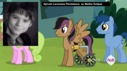 Size: 1440x812 | Tagged: safe, screencap, blues, daisy, flower wishes, noteworthy, stellar eclipse, earth pony, pegasus, pony, g4, trade ya!, disabled, female, guest voice, handicapped, hub logo, male, spinal muscle atrophy, stallion, sylvain lavasseur portelance, voice actor, wheelchair