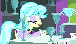 Size: 500x288 | Tagged: safe, screencap, amethyst gleam, ammie thyst, earth pony, pony, g4, trade ya!, animated, chalice, clothes, crystal chalice stand pony, dilated pupils, eyeshadow, frown, glass, hub logo, hubble, makeup, necklace, open mouth, sad, shirt, smiling, solo, the hub