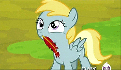 Size: 500x288 | Tagged: safe, screencap, chirpy hooves, pegasus, pony, g4, trade ya!, animated, chirpabetes, cute, feather, female, filly, headbang, hub logo, hubble, looking up, mouth hold, nodding, quill, smiling, solo, the hub