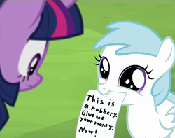 Size: 1274x1006 | Tagged: safe, cotton cloudy, twilight sparkle, alicorn, pony, g4, my little pony: friendship is magic, trade ya!, autograph meme, cotton cloudy reveals, draw on me, exploitable meme, female, filly, mare, meme, robbery, twilight sparkle (alicorn)