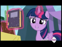 Size: 720x540 | Tagged: safe, screencap, twilight sparkle, alicorn, pony, g4, season 4, trade ya!, book, female, hub logo, letterboxing, magic, mare, solo, telekinesis, the hub, twilight sparkle (alicorn)