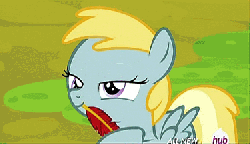 Size: 375x216 | Tagged: safe, screencap, chirpy hooves, pinkie pie, earth pony, pegasus, pony, g4, trade ya!, all new, animated, boop, duo, eye contact, feather, female, filly, glare, gritted teeth, hub logo, hubble, mouth hold, nose wrinkle, noseboop, pinkie prick, quill, running, scared, text, the hub, wide eyes
