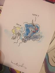 Size: 768x1024 | Tagged: safe, artist:katiecandraw, derpy hooves, princess luna, alicorn, pegasus, pony, gamer luna, g4, :<, :o, :t, biting, chibi, confused, controller, cute, derp, derpabetes, eating, female, headset, hoof hold, irl, lunabetes, mare, mouth hold, nom, open mouth, photo, puffy cheeks, raised eyebrow, traditional art, wat, wtf