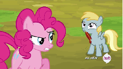 Size: 576x324 | Tagged: safe, screencap, chirpy hooves, pinkie pie, g4, trade ya!, animated, feather, female, filly, hub logo, hubble, quill, the hub