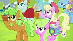 Size: 576x324 | Tagged: safe, screencap, apple brown betty, brilliant bow, daisy, flower wishes, high note, joan pommelway, luckette, roger silvermane, sterling silver, pony, g4, trade ya!, animated, apple family member, female, flower pot, hub logo, hubble, jack-in-the-box, male, snow globe, the hub