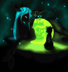 Size: 5228x5535 | Tagged: safe, artist:0particle, queen chrysalis, changeling, changeling queen, nymph, g4, absurd resolution, adoracreepy, belly, creepy, cute, cutealis, cuteling, female, fetus, glowing, glowing belly, looking back, mommy chrissy, on side, pregnant, quadrupedal, queen pregalis, sitting, smiling, translucent belly, transparent belly, transparent flesh, weapons-grade cute