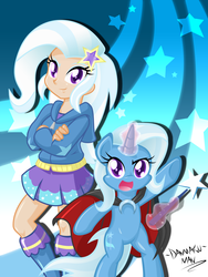 Size: 1500x2000 | Tagged: safe, artist:danmakuman, trixie, human, pony, equestria girls, g4, cape, clothes, human coloration, human ponidox, magic, skirt, wand