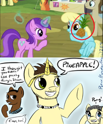 Size: 622x749 | Tagged: safe, artist:pyrodianbrony, artist:pyrux, amethyst star, sparkler, pony, g4, trade ya!, burton guster, carlton jebediah lassiter, carlton lassiter, fake horn, funny, pineapple, psych, shawn spencer