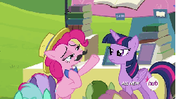 Size: 576x324 | Tagged: safe, screencap, doctor whooves, lyra heartstrings, pinkie pie, time turner, twilight sparkle, alicorn, pony, g4, trade ya!, animated, book, bowtie, fake moustache, female, hat, hub logo, hubble, mare, the hub, twilight sparkle (alicorn)