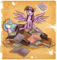 Size: 865x900 | Tagged: safe, artist:theunununium, princess celestia, twilight sparkle, alicorn, pony, g4, trade ya!, awesome face, book, female, hoard, magic, mare, pile, sitting, smiling, spread wings, telekinesis, that pony sure does love books, twiface, twilight sparkle (alicorn), underhoof