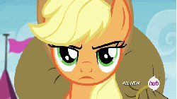 Size: 576x324 | Tagged: safe, screencap, applejack, g4, trade ya!, all new, animated, applejack is not amused, applejack judges on the outside, bag, female, frown, hub logo, hubble, looking at you, raised eyebrow, solo, the hub, unconvinced applejack