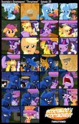 Size: 5293x8245 | Tagged: safe, artist:ajmstudios, applejack, princess luna, rarity, roseluck, scootaloo, spitfire, trixie, twilight sparkle, oc, oc:officer cuffs, oc:sergeant brass, oc:star dusk, alicorn, earth pony, pegasus, pony, unicorn, g4, absurd resolution, cold, comic, comic series, cute, female, flu, humor, male, mare, muffin, officer cuffs, peach cobbler, ponyville police, red nosed, scootaloo's scootaquest, sergeant brass, sick, sneezing, stallion