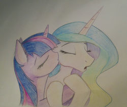 Size: 1846x1549 | Tagged: safe, artist:sokolas, princess celestia, twilight sparkle, g4, female, kissing, lesbian, ship:twilestia, shipping, traditional art