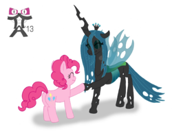 Size: 2417x1974 | Tagged: safe, artist:tofer18, pinkie pie, queen chrysalis, changeling, changeling queen, earth pony, pony, g4, duo, eyes closed, female, hoofshake, smiling