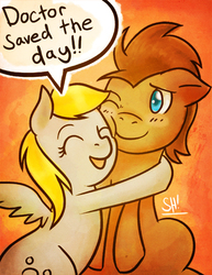 Size: 500x647 | Tagged: safe, artist:steveholt, derpy hooves, doctor whooves, time turner, earth pony, pegasus, pony, g4, blushing, female, hug, male, mare, ship:doctorderpy, shipping, stallion, straight
