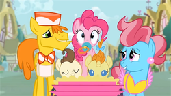 Size: 720x405 | Tagged: safe, screencap, carrot cake, cup cake, pinkie pie, pound cake, pumpkin cake, g4, pinkie pride, adult foal, cake, carriage, food, pacifier
