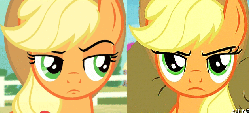Size: 632x288 | Tagged: safe, edit, edited screencap, screencap, applejack, earth pony, pony, g4, three's a crowd, trade ya!, all new, animated, applejack judges on the outside, aside glance, backpack, bag, comparison, female, frown, glare, hub logo, hubble, lidded eyes, looking at you, mare, raised eyebrow, solo, text, the hub, unamused, unconvinced applejack