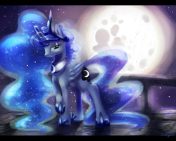 Size: 2500x2000 | Tagged: safe, artist:carligercarl, princess luna, alicorn, pony, g4, balcony, female, folded wings, full moon, high res, hoof shoes, jewelry, lidded eyes, looking at you, mare, moon, night, outdoors, peytral, raised hoof, regalia, smiling, solo, standing, three quarter view, wings