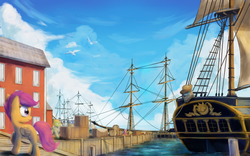 Size: 2880x1800 | Tagged: safe, artist:anticular, scootaloo, oc, pegasus, pony, g4, female, filly, harbor, rope, ship