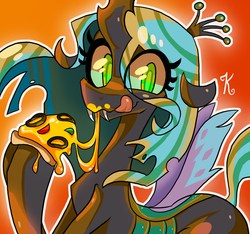 Size: 734x688 | Tagged: dead source, safe, artist:kaliptro, queen chrysalis, changeling, changeling queen, g4, female, licking lips, looking at you, messy eating, pizza, smiling, solo, tongue out