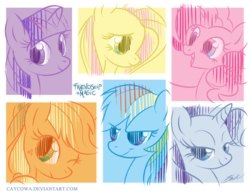 Size: 800x618 | Tagged: safe, artist:caycowa, applejack, fluttershy, pinkie pie, rainbow dash, rarity, twilight sparkle, earth pony, pegasus, pony, unicorn, g4, bedroom eyes, bust, face, featured image, glare, looking at you, mane six, open mouth, smiling, wink