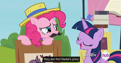 Size: 1600x830 | Tagged: safe, screencap, pinkie pie, twilight sparkle, alicorn, pony, g4, trade ya!, fake moustache, female, hat, hub logo, mare, meme, tennis, twilight sparkle (alicorn), youtube caption