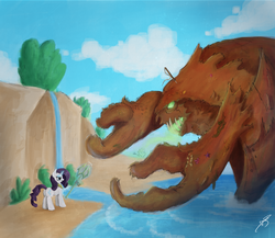 Size: 4000x3467 | Tagged: safe, artist:jorobro, rarity, crab, giant crab, kraken, g4, beach, duo, harpoon, polearm, rarity fighting a giant crab, trident, water, waterfall, weapon