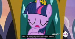 Size: 1600x830 | Tagged: safe, screencap, twilight sparkle, alicorn, pony, g4, trade ya!, female, heart attack, hub logo, mare, meme, twilight sparkle (alicorn), youtube caption