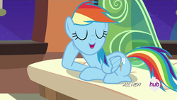 Size: 1920x1080 | Tagged: safe, screencap, rainbow dash, pony, g4, trade ya!, all new, draw me like one of your french girls, female, hub logo, solo, text