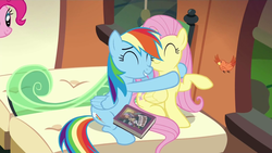 Size: 1920x1080 | Tagged: safe, screencap, constance, fluttershy, pinkie pie, rainbow dash, bird, pegasus, pony, g4, trade ya!, book, daring do and the sapphire statue, duo focus, eyes closed, female, hug, mare
