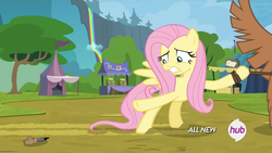 Size: 1440x810 | Tagged: safe, screencap, fluttershy, pony, g4, trade ya!, bear call, dragged, hub logo