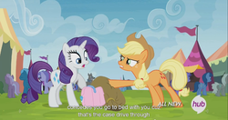 Size: 1441x762 | Tagged: safe, screencap, applejack, carrot top, golden harvest, rainbow dash, rarity, sea swirl, seafoam, dog, orthros, g4, trade ya!, hub logo, meme, multiple heads, two heads, youtube caption