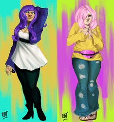 Size: 2186x2333 | Tagged: safe, artist:redblacktac, fluttershy, rarity, human, g4, clothes, high res, humanized, sandals, sweater, sweatershy