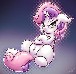 Size: 1200x1180 | Tagged: safe, artist:tadashi--kun, sweetie belle, pony, unicorn, g4, angry, belly, belly button, chubbie belle, chubby, crying, cute, female, filly, grumpy belle, plump, pouting, simple background, solo, sweetie belle is not amused