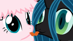 Size: 621x350 | Tagged: safe, artist:mixermike622, queen chrysalis, oc, oc:fluffle puff, g4, canon x oc, female, french kiss, kissing, lesbian, ship:chrysipuff, shipping, tongue out