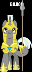 Size: 1335x3000 | Tagged: safe, artist:90sigma, edit, pony, unicorn, g4, armor, black background, hoof shoes, image macro, male, meme, royal guard, sgt. bilko, simple background, solo, spear, stallion, the phil silvers show, weapon