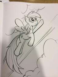 Size: 768x1024 | Tagged: safe, artist:thom zahler, rainbow dash, pegasus, pony, g4, cloud, fan expo, female, flying, looking up, mare, smiling, solo, spread wings, traditional art, wings