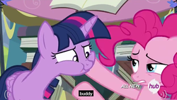 Size: 621x351 | Tagged: safe, screencap, pinkie pie, twilight sparkle, alicorn, pony, g4, trade ya!, female, hub logo, mare, meme, twilight sparkle (alicorn), youtube caption