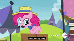 Size: 633x352 | Tagged: safe, screencap, pinkie pie, g4, trade ya!, bowtie, fake moustache, female, hat, hub logo, meme, solo, youtube caption