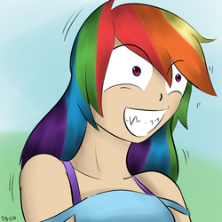 Size: 900x900 | Tagged: safe, artist:dinobirdofdoom, rainbow dash, human, g4, trade ya!, female, humanized, scene interpretation, solo