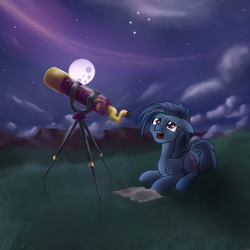 Size: 1200x1200 | Tagged: safe, artist:mattatatta, oc, oc only, oc:pippywish, destiny: a tale of unicorn wings, night, solo, stars, telescope