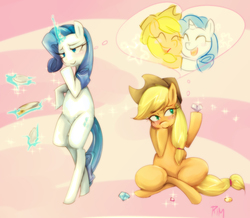 Size: 972x848 | Tagged: safe, artist:girlieginger, applejack, rarity, g4, trade ya!, female, lesbian, pictogram, scene interpretation, ship:rarijack, shipping