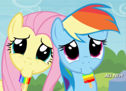 Size: 672x489 | Tagged: safe, edit, screencap, fluttershy, rainbow dash, g4, trade ya!, popsicle