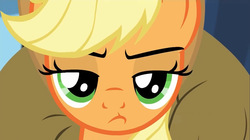 Size: 1280x718 | Tagged: safe, screencap, applejack, g4, trade ya!, applejack is not amused, faic, female, solo