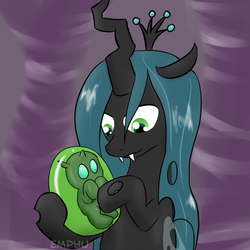 Size: 1000x1000 | Tagged: safe, artist:empyu, queen chrysalis, changeling, changeling queen, nymph, g4, 30 minute art challenge, cocoon, cuteling, egg, female, mommy chrissy, newborn