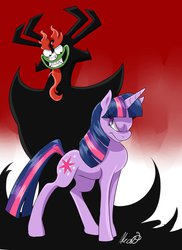 Size: 762x1048 | Tagged: dead source, safe, artist:akaidalia, twilight sparkle, g4, aku, crossover, duo, samurai jack